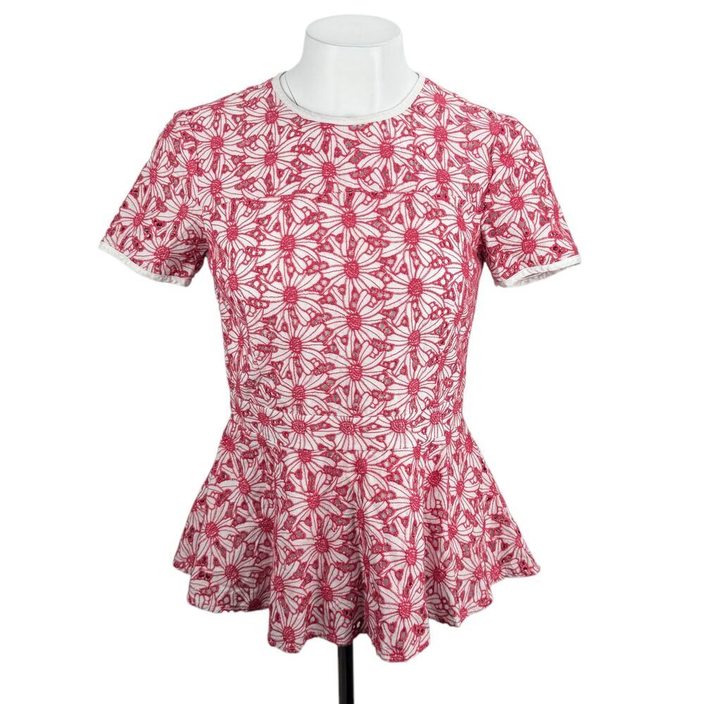MICHAEL Michael Kors Floral Eyelet Peplum Short Sleeve Blouse Top Sz 6